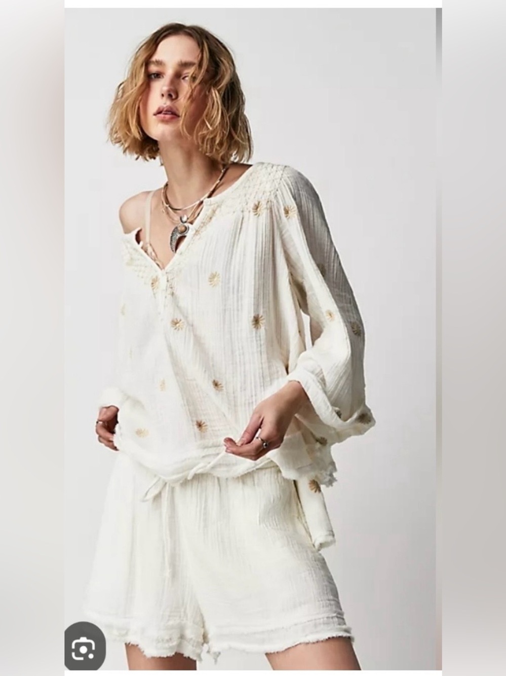 Free People Cream Embroidered Gauze V-Neck Top Size M